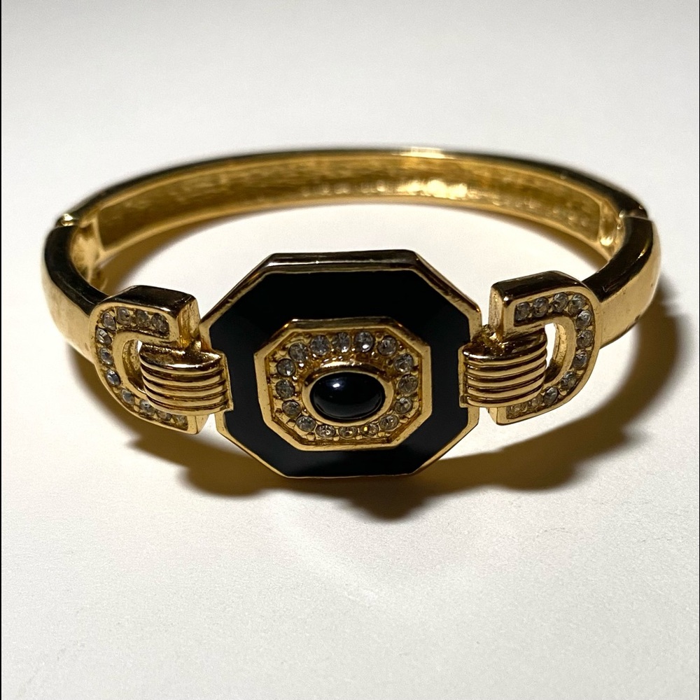Vintage CHRISTIAN DIOR Gold Plated Black Enamel Chrystal Rhinestone Bracelet